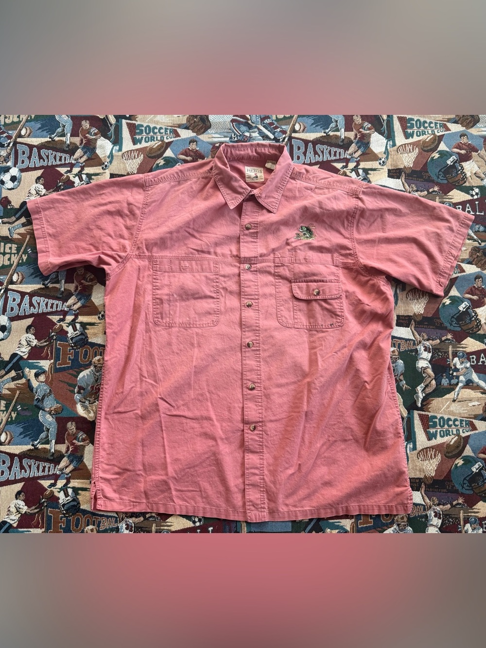 Men’s Red Head Pink Button-up Shirt With Embroidered Bass Fish